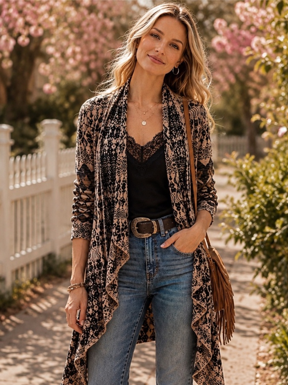 Gypsy 05 Black and Blush  Boho Open-Front Cardigan